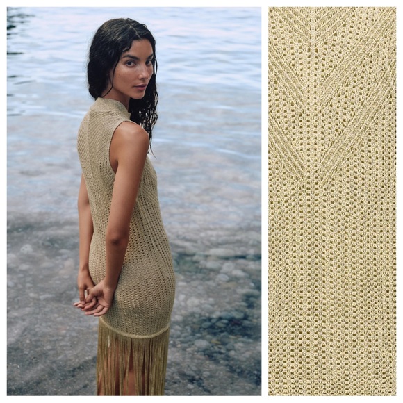 Zara Beige Knit Fringe Dress - Picture 4 of 14